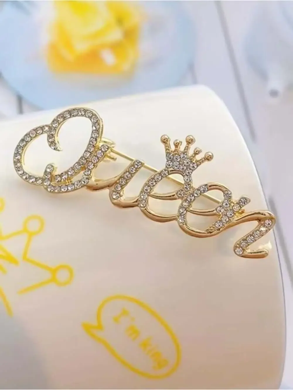 Crystal 'Queen' Script Brooch Pin - Gold Tone
